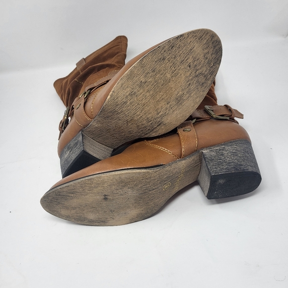 Daily Shoes Zipper Closure Harness Heeled Boots Tan Faux Suede Tan Brown Size 8 - Picture 7 of 13